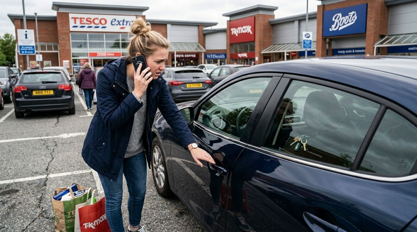 Driver locked out of her car in a Tesco car park calling Surrey Road Rescue