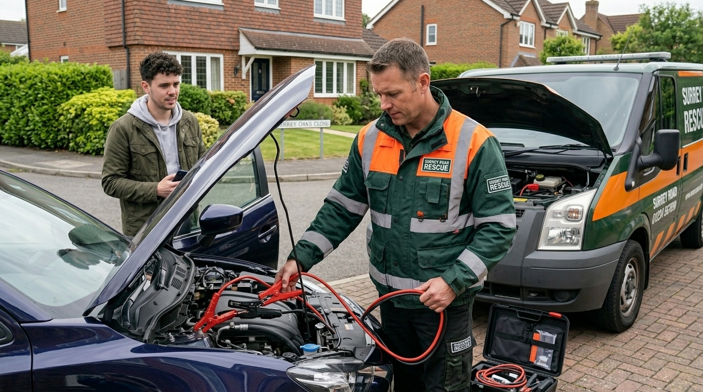 Surrey Road Rescue technician jump starting a car battery on a driveway