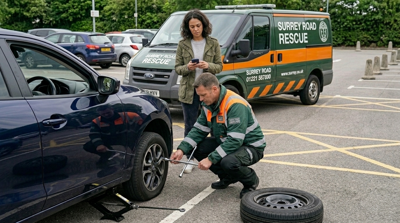 Surrey Road Rescue technician changing a flat tyre in a car park